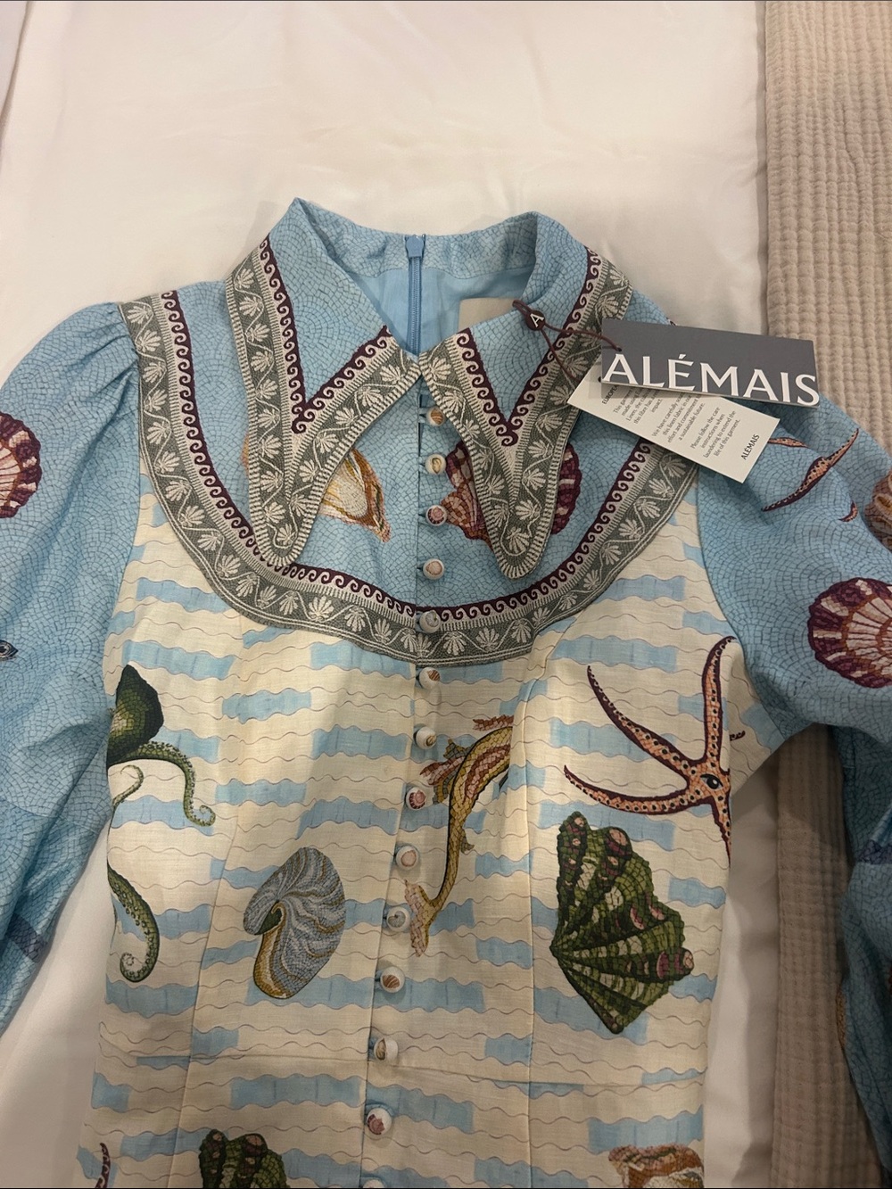 Alemais Light Blue Seashell-Print Long Sleeve Midi Dress US 6 AU 10 New with Tag - Picture 7 of 7
